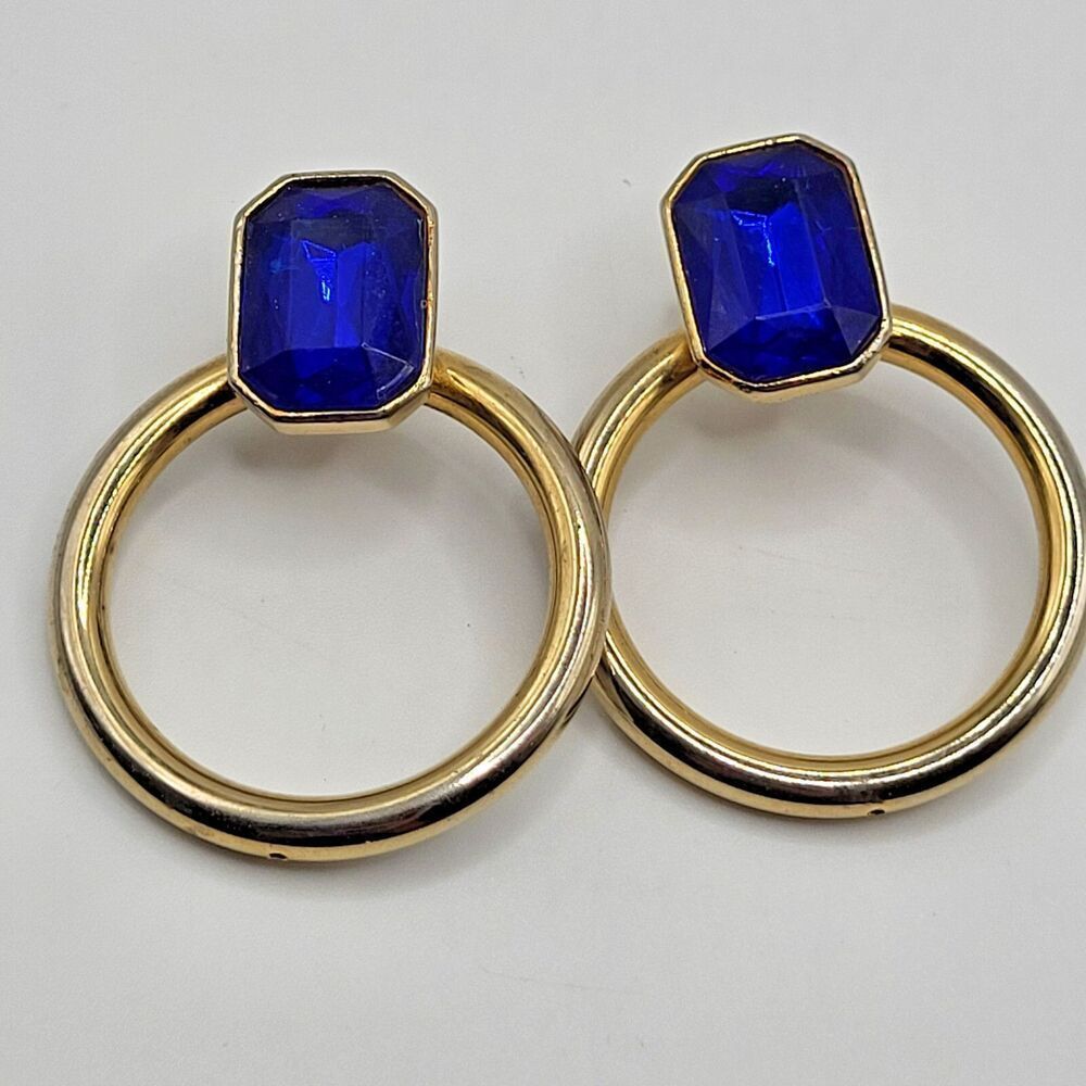 Chunky Bold Lightweight Blue and Gold 80s Vintage Fashion Earrings 2in